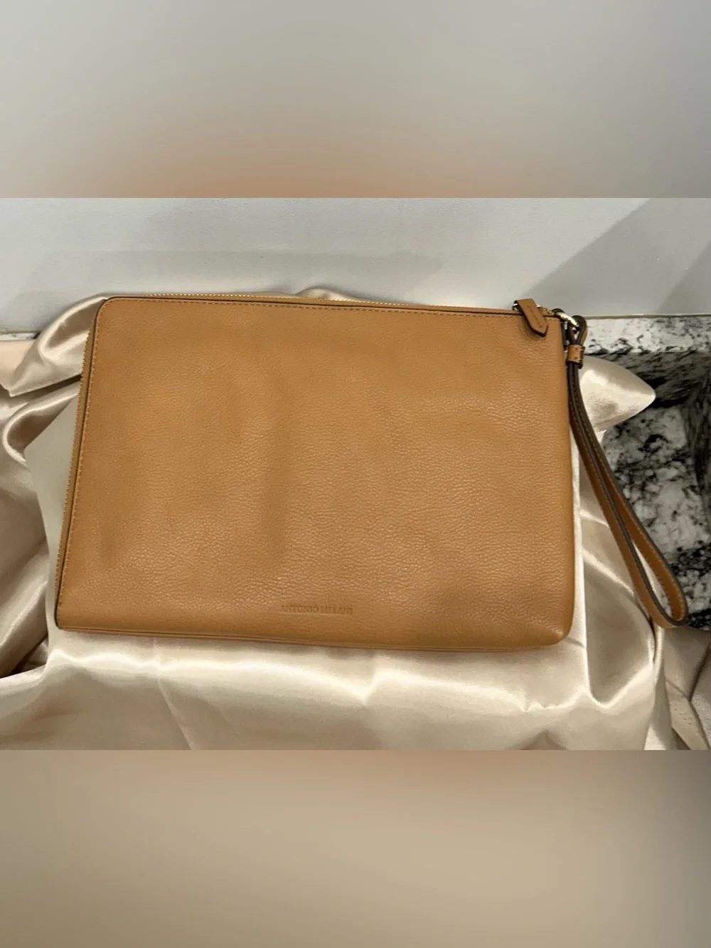 ANTONIO MELANI Tan Leather Wristlet Clutch